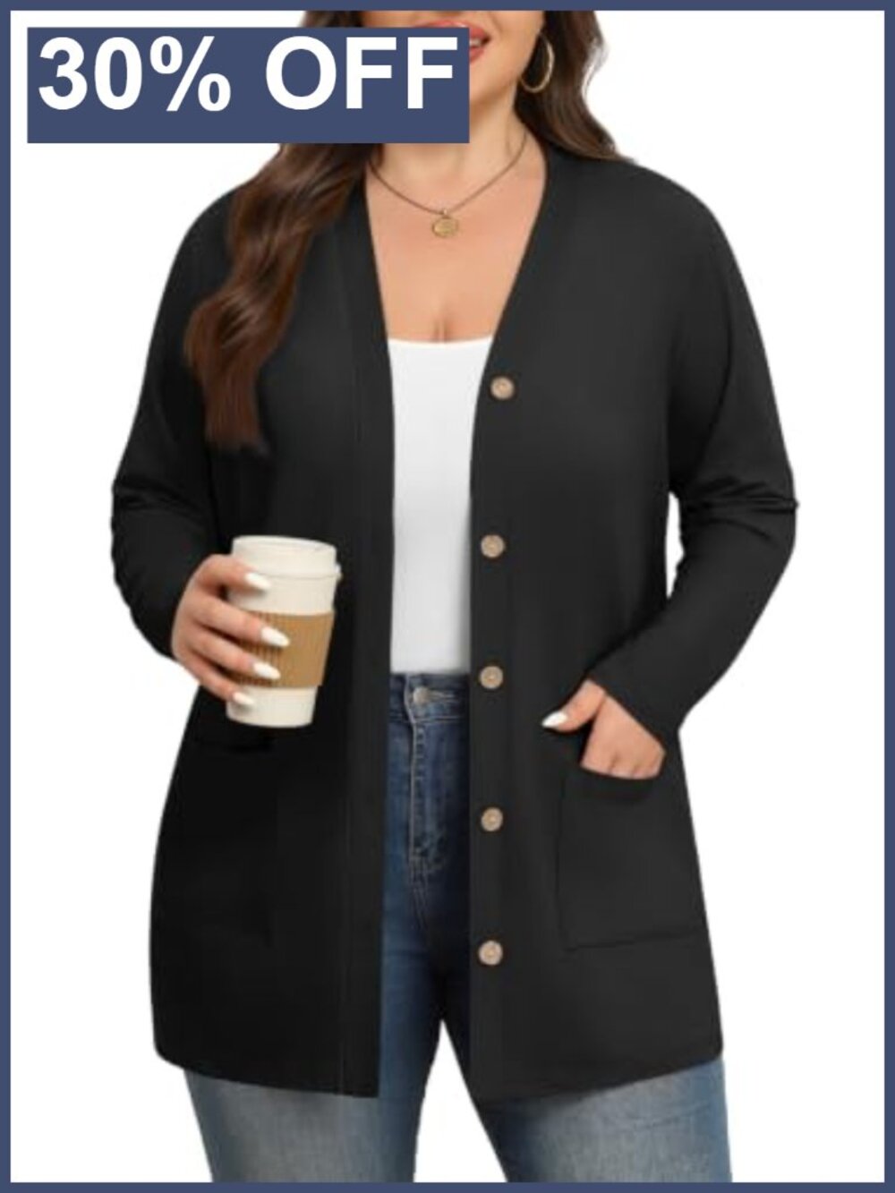 Plus Size Lightweight Cardigan Rayon Spandex V Neck Button Long Sleeve